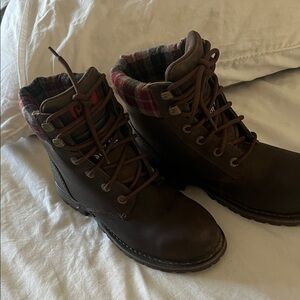 Caterpillar Dark Brown Ankle Boots with Red Plaid Lining